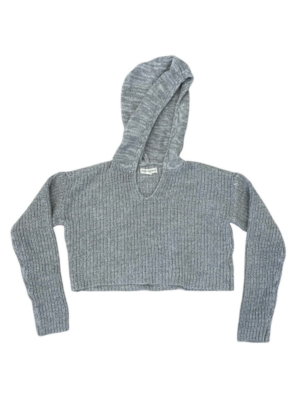 Aeropostale Womens XS Hooded Cropped Sweater Gray Knit V Neck Relaxed Cozy
